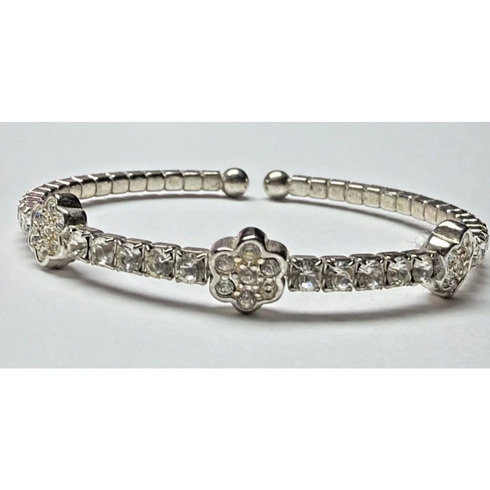 Vintage Clear Rhinestone Silver Cuff Bracelet Flower Clover